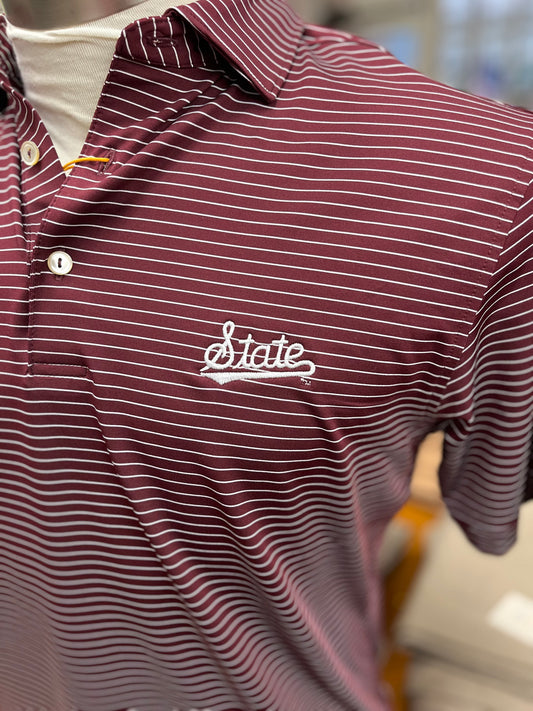 Peter Millar State Maroon - Striped Performance Jersey Polo - White State Logo