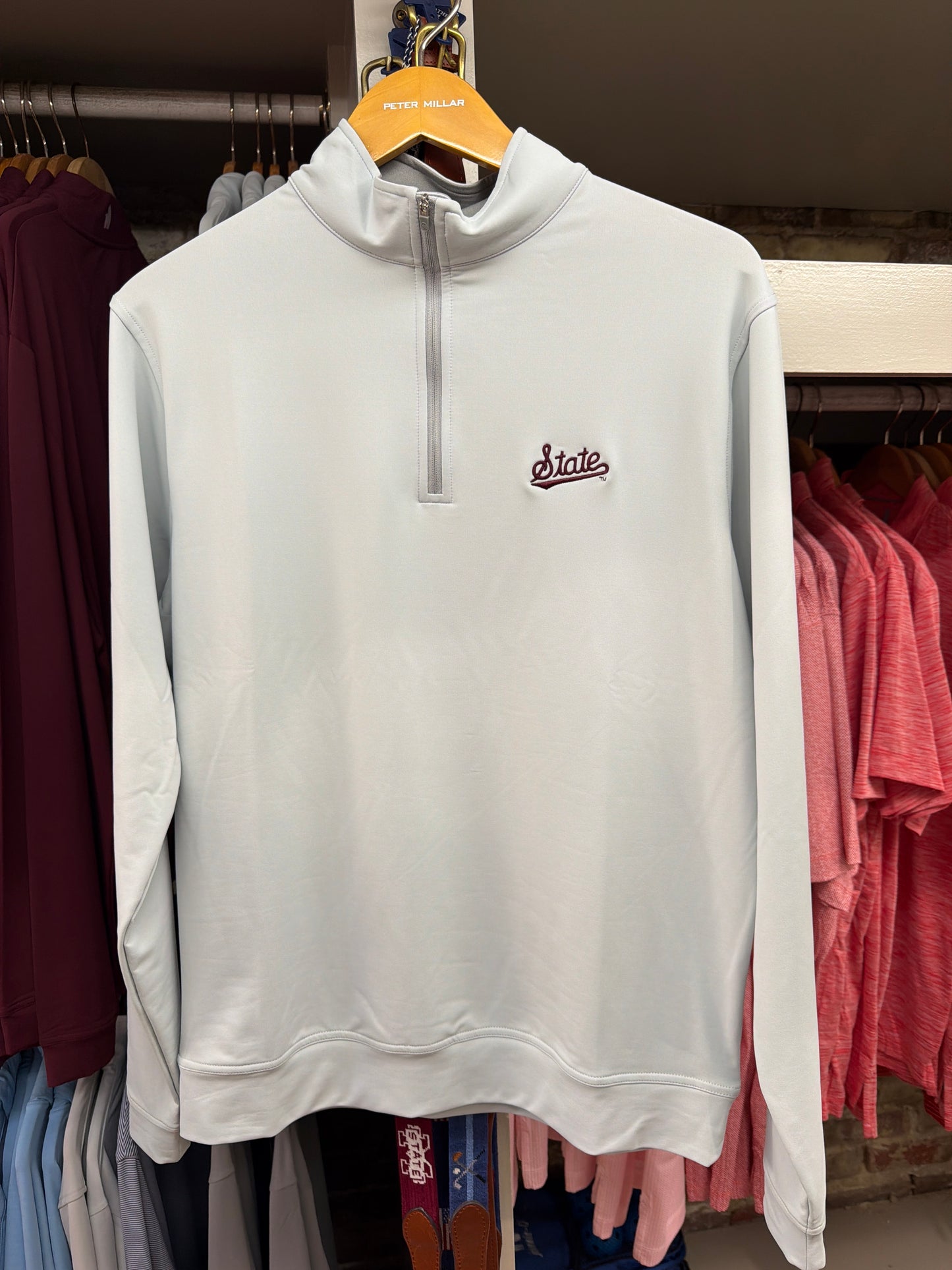 Peter Millar British Gray Mississippi State Quarter Zip - Maroon State Logo