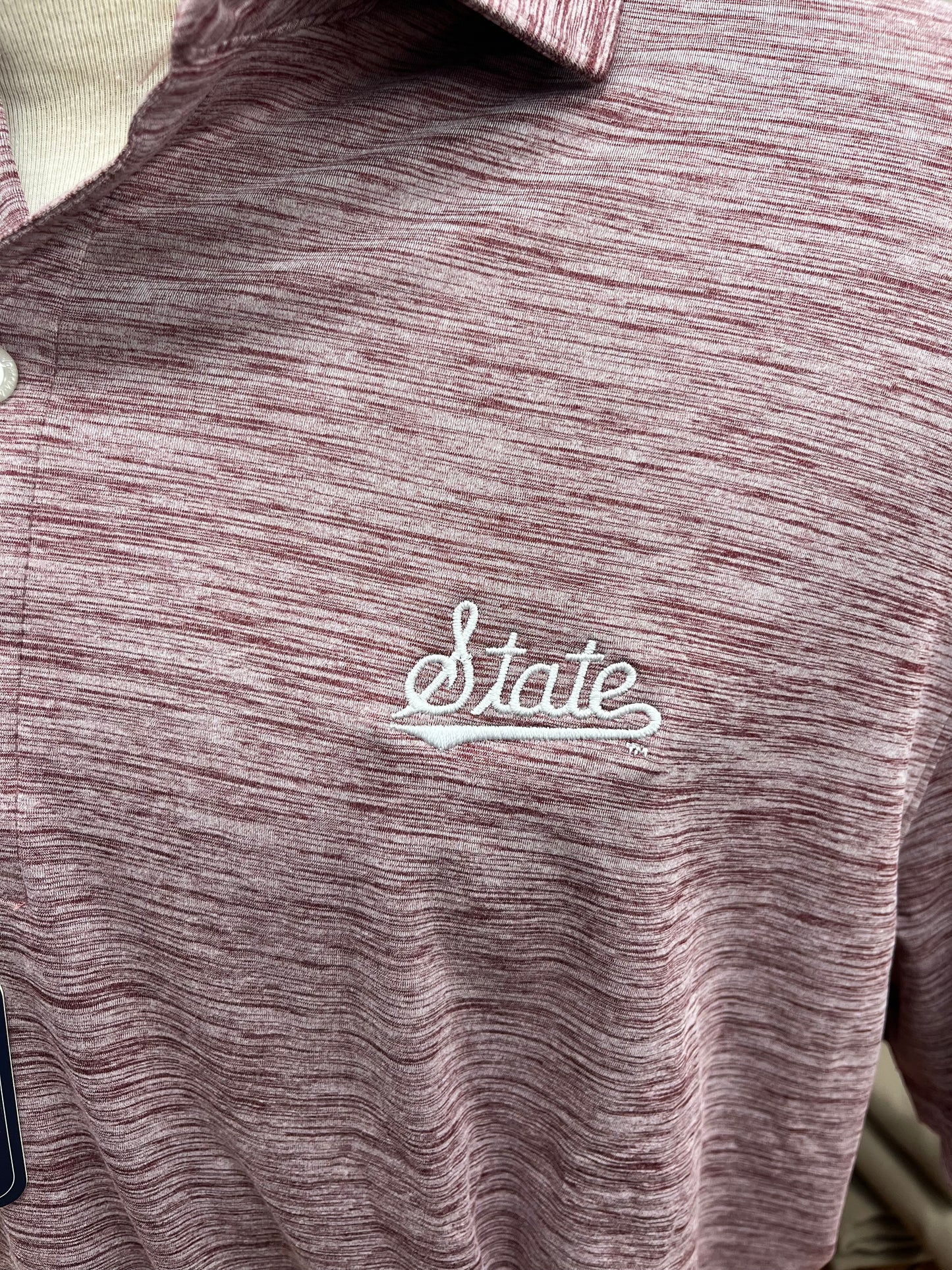 Johnnie O MS State Maroon Striped Performance Polo - White State Logo