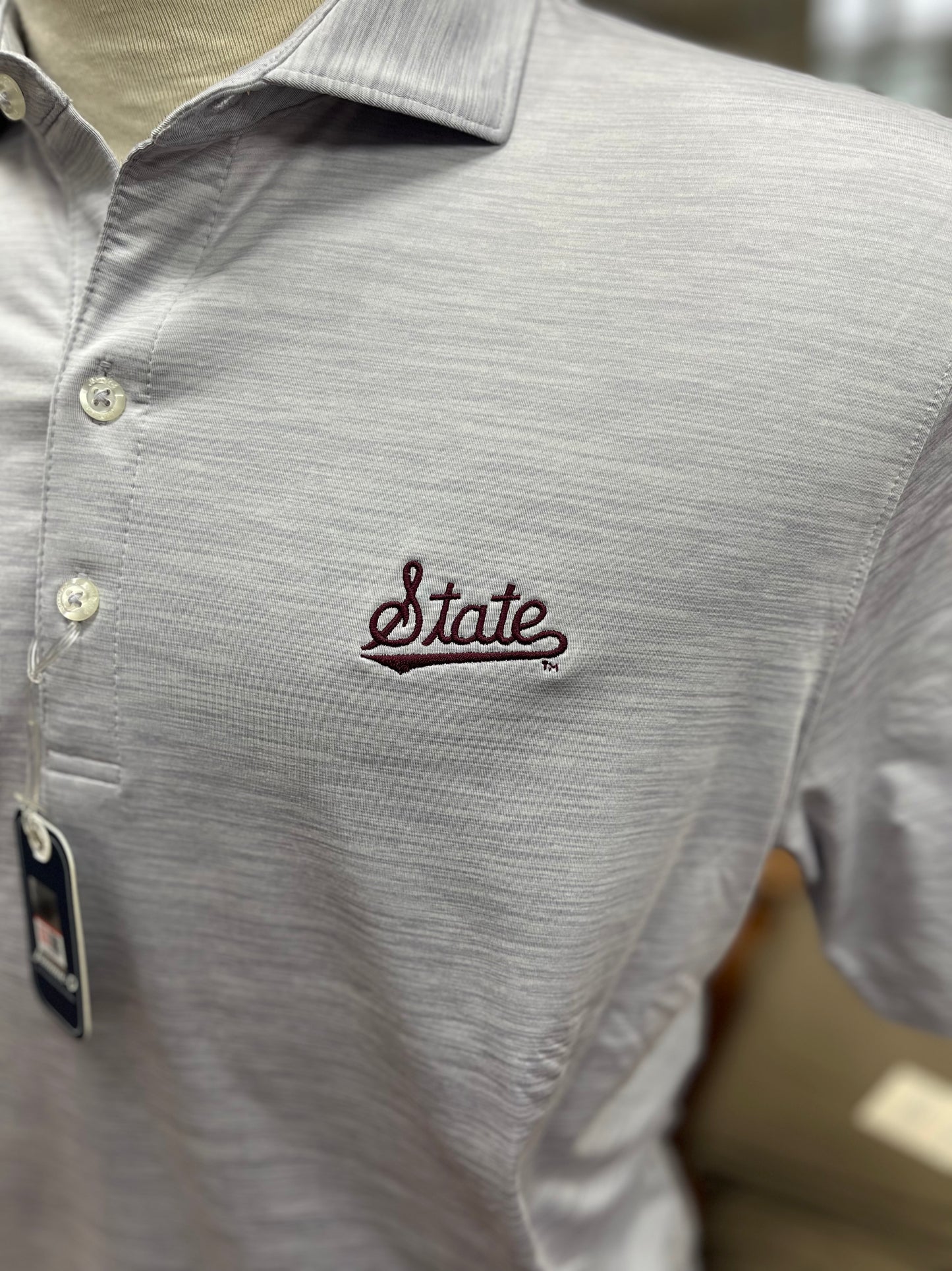 Johnnie O State Script Light Gray Performance Polo - Maroon State Logo