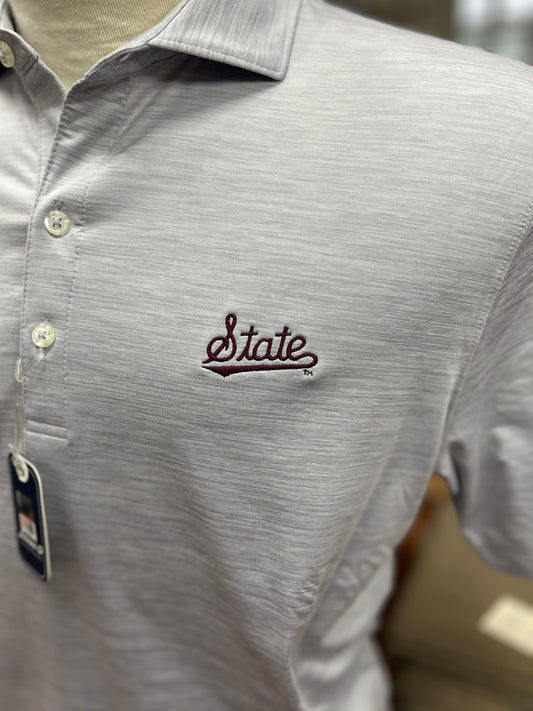 Johnnie O State Script Light Gray Performance Polo - Maroon State Logo