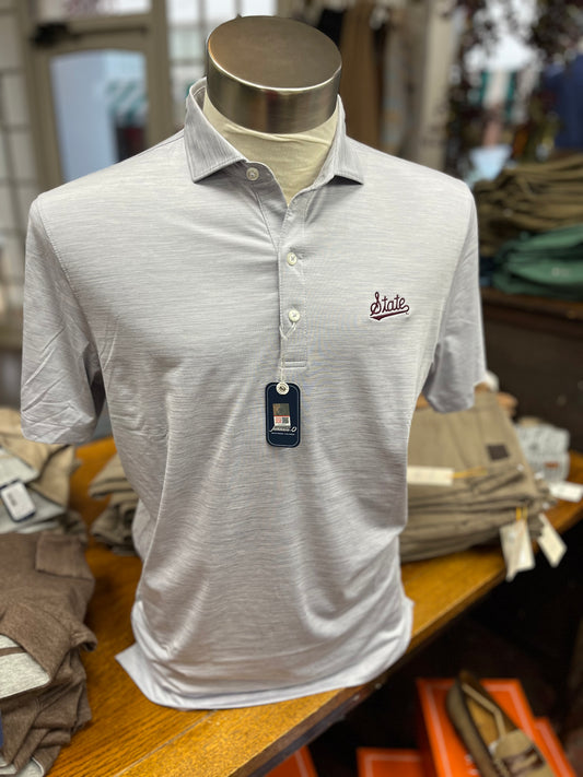 Johnnie O State Script Light Gray Performance Polo - Maroon State Logo